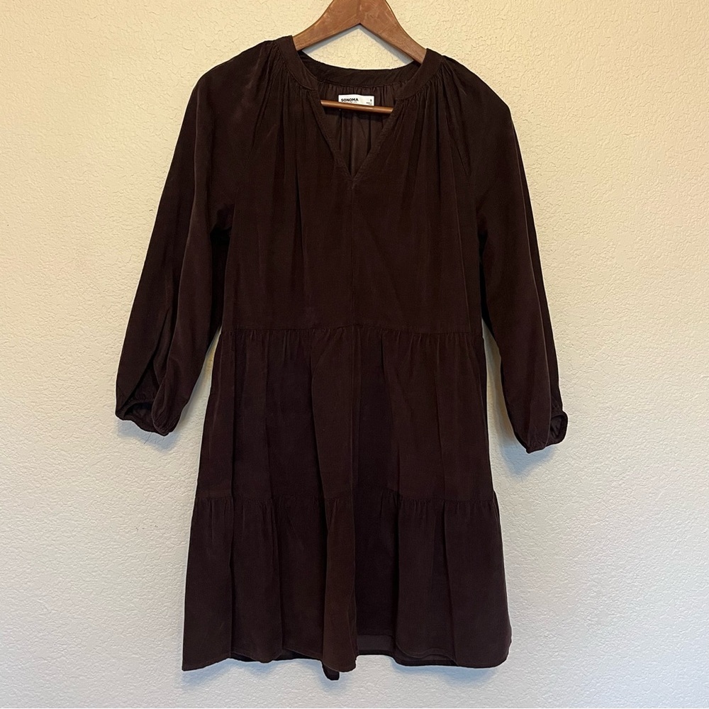 Sonoma Brown Corduroy Long Sleeve Tiered Waist Dress Women's Small - Picture 2 of 11